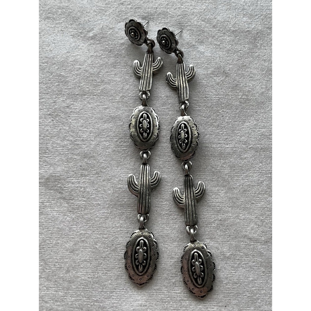 vintage Jonette Jewelry (JJ) Pewter Cactus and Concho Dangle Earrings